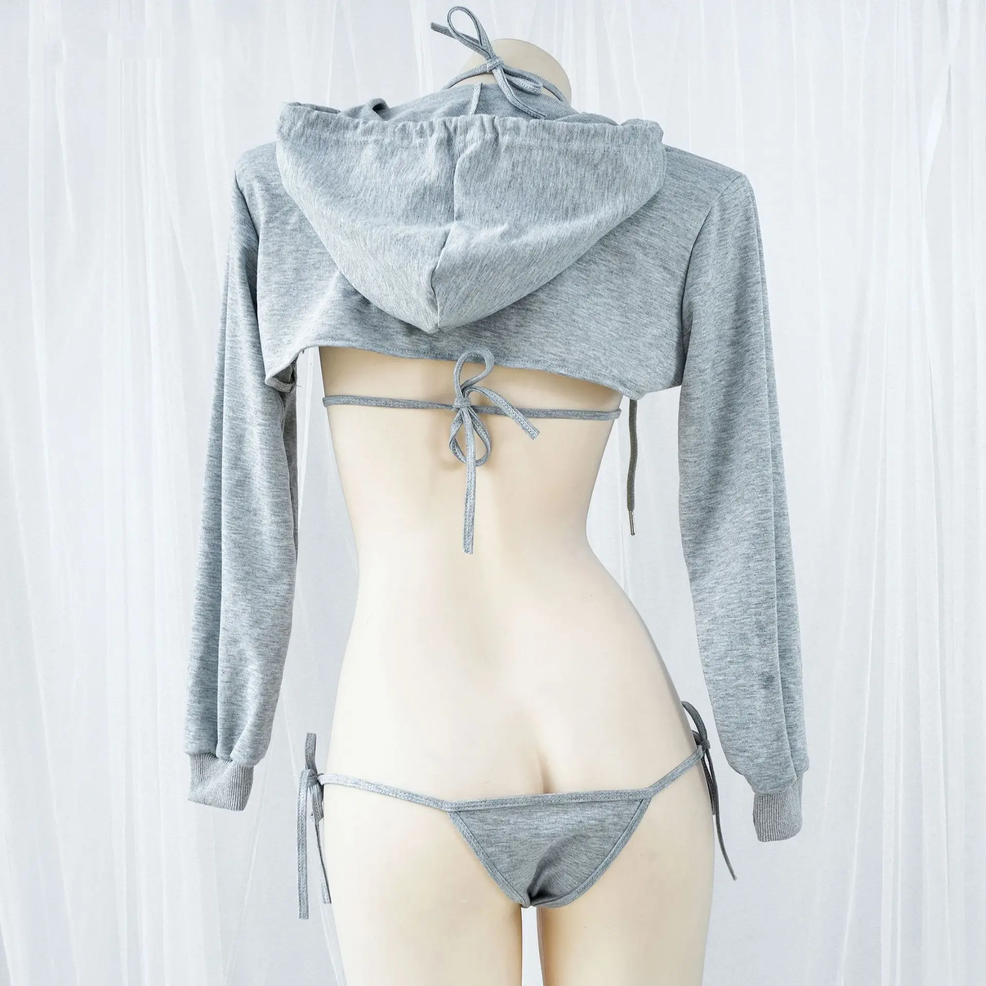 Amine Backless Hooded Long Sleeve Bikini Set Sexy Japanese Three Point Swimsuit Girls Mini Underwear Student Costume Cosplay