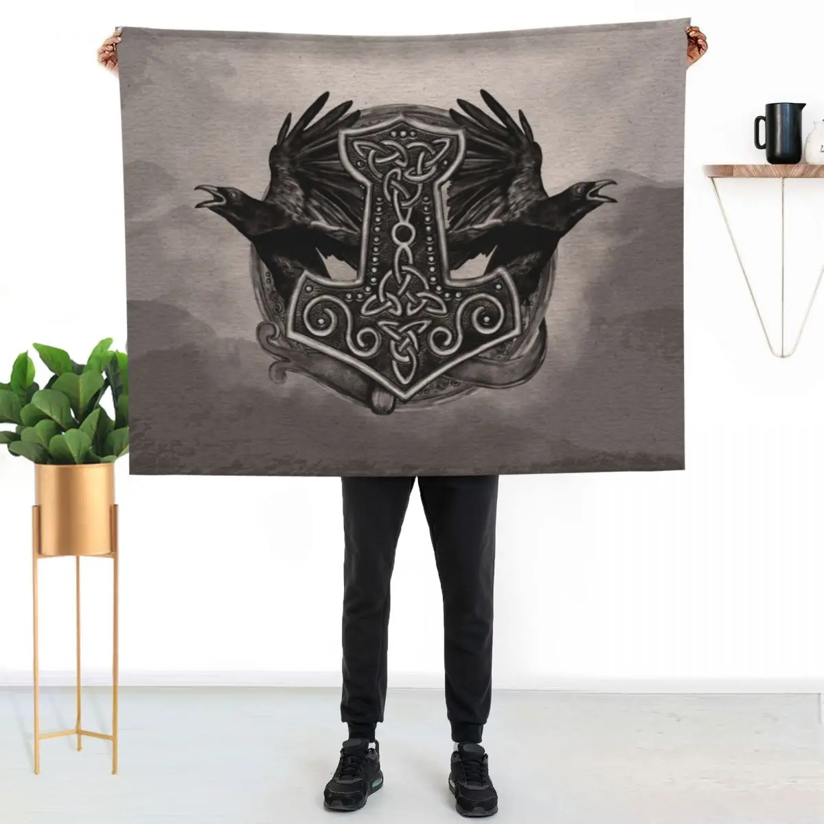Mjolnir The hammer of Thor and ravens Throw Blanket Heavy halloween Weighted wednesday Retros Blankets