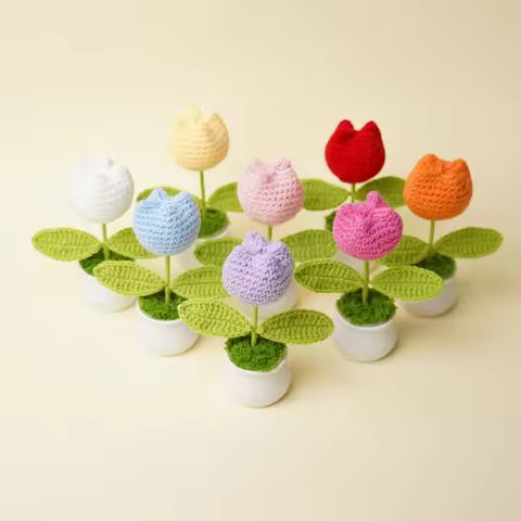 Finished Hand-knitted Tulip Potted Artificial Flower Crochet Fake Flower Holiday Festival Idea Gifts Home Car Table Decoration