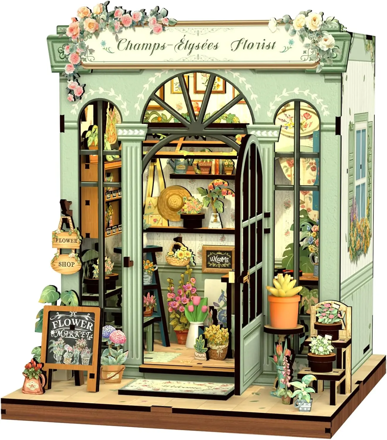 Kit de maison miniature DIY pour adultes et adolescents, puzzle 3D en bois pour coin lecture (Fleuriste des Champs-Élysées)