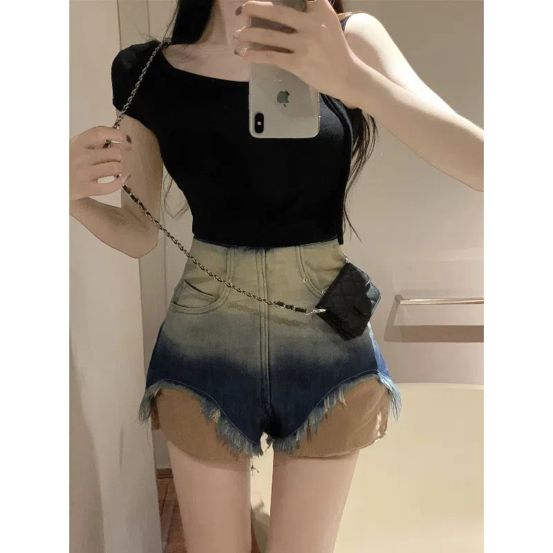 Gradient Furrowed Denim Shorts for Women in Summer High Waist Sexy Straight Wide-leg Pants