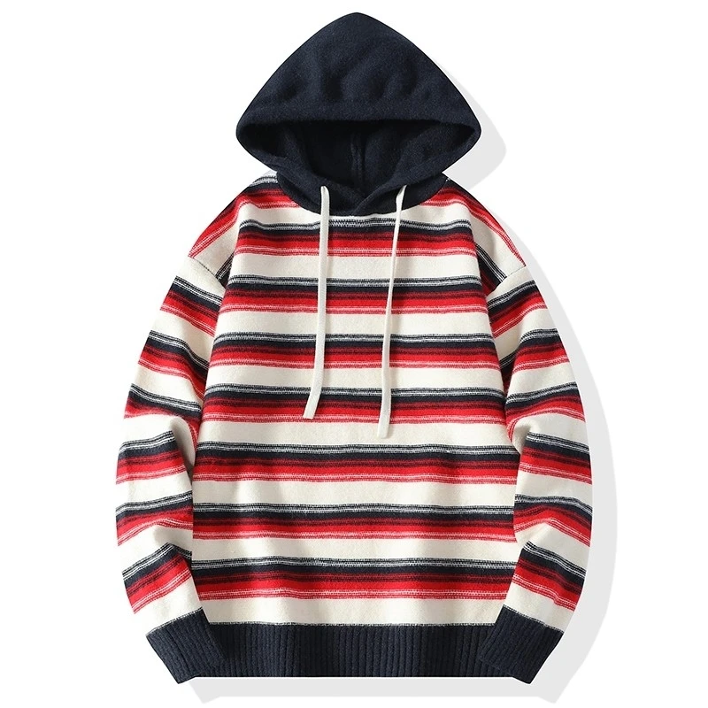 Autumn Winter Hooded Casual Sweater Men Fashion Striped Knitted Pullovers Mens Loose Streetwear Knit Sweaters Sports Pullovers