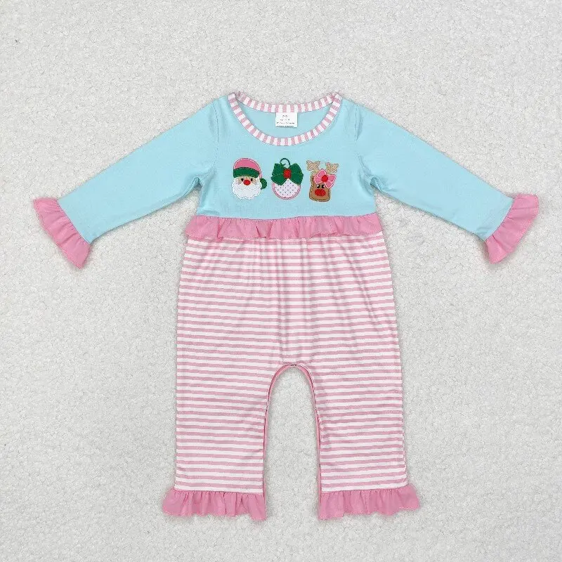 

8.18y Christmas Baby Girls Romper Pink Lace Stripes Long Sleeve Onesie Embroidered Santa Claus Reindeer Boutique Wholesale