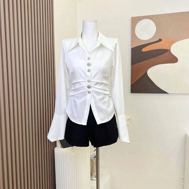 Camicetta sexy a pieghe con bottoni sottili e collo alto Camicia a maniche lunghe con temperamento solido Top Primavera Autunno Moda Abbigliamento donna coreana