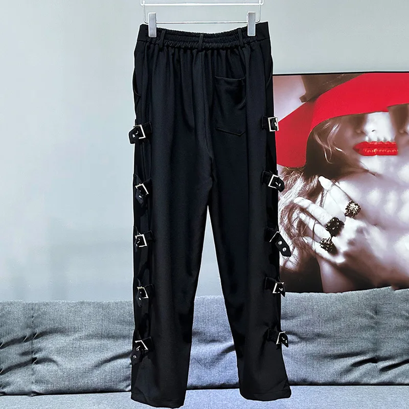 PFHQ New Loose Decoration Buckle Design Casual Pants Korean Fashion 2024 Solid Color Wide Leg Male Trousers Darkwear 21Z5460