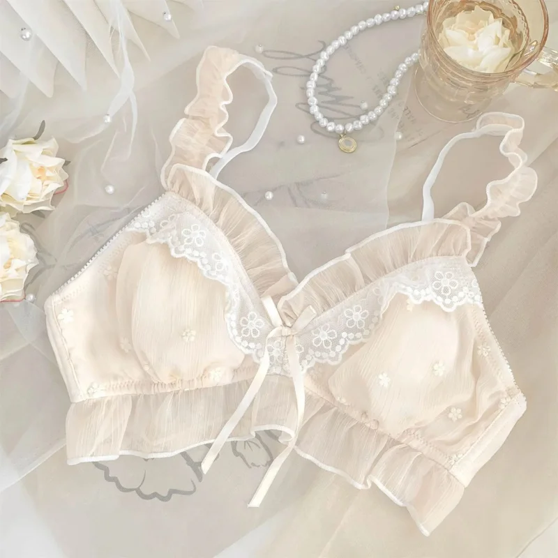 Romantic pure white girl underwear set small breast anti-bulge spot light WOMEN'S advanced sense mesh