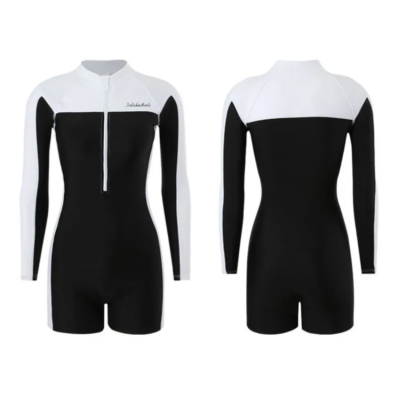 New One-piece Sports Shorts Swimsuit Women's Belly Covering Hot Spring Vacation Swimwear Patchwork Vibrant Long Sleeved Bikinis