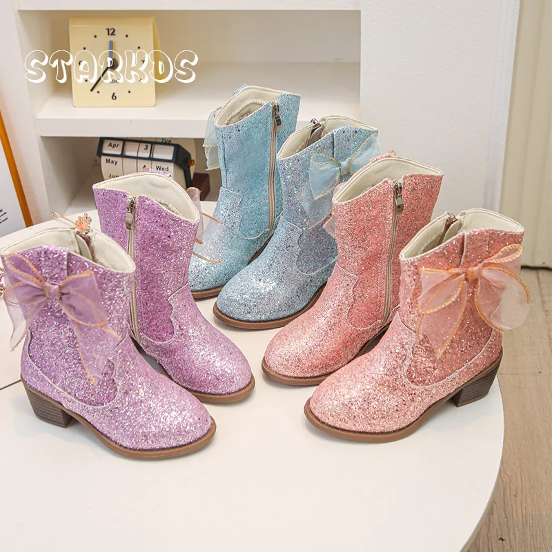 Pink Blue Glitter Western Knee High Boots Kid Girl Side Zip Cowboy Long Booties Child Low Heel Round Toe Big Silk  Bowknot Botas