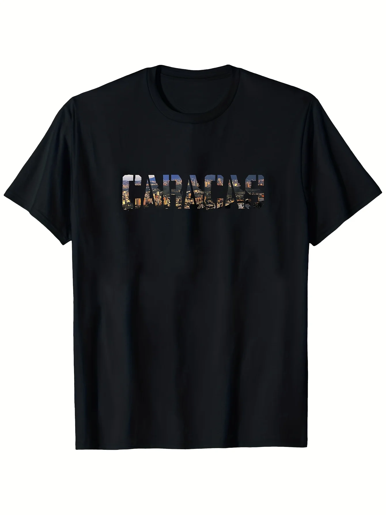 Men's Black Casual T-Shirt Featuring a Graphic of Caracas- Short Sleeved Tee with a Colorful Cityscape Design, Made from , Round Neck, Lightweight And Breathable for Casual Attire