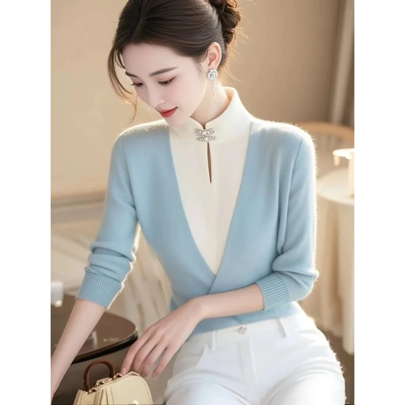 2025 nuevo jersey de mujer con cuello redondo estilo chino falso suéter de manga larga de punto de dos piezas