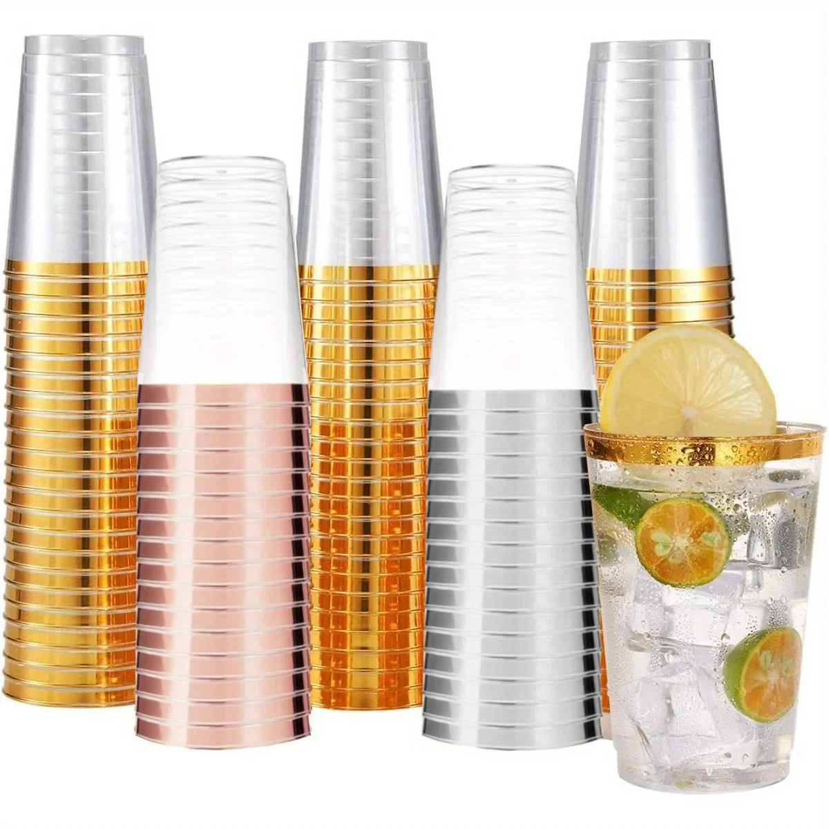 

50/100 шт. 10 унций, Золотая пластиковая чашка с золотой рамкой, Одноразовая чашка вечерние, одноразовая утолщенная пластиковая чашка