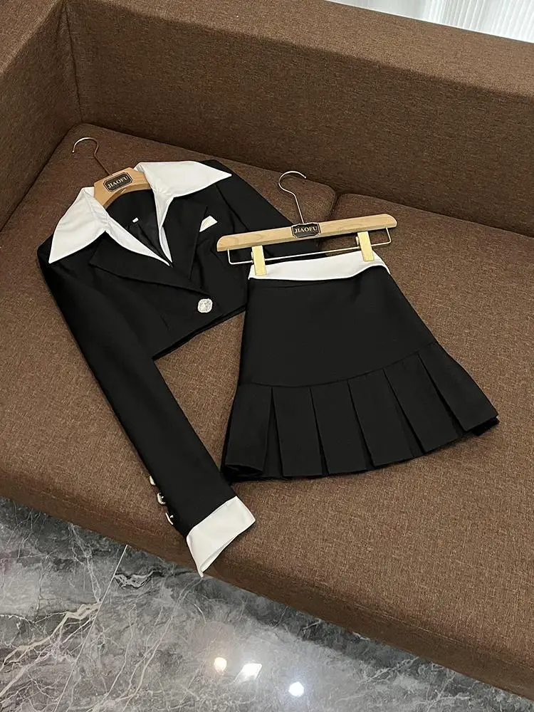 

Star Quali ort Coat Set Color Blo Ultra ort Pleated Skirt Faionable Commute Sle Women's Polyester Suit