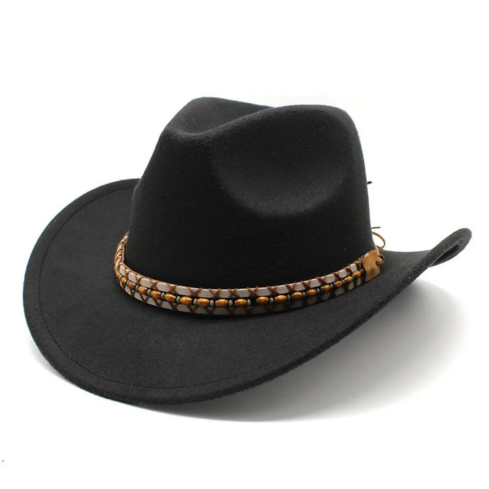 Four Seasons Cowboy Hats Cowgirl Western Cap Woolen 57-58cm Belt Buckle Rolled Brim Solid Color Jazz Style NZ0065