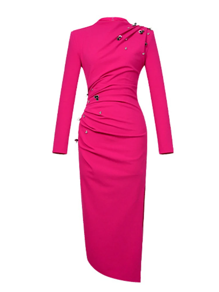 Luxury Formal Dresses Women French Style Diamond Sequin Flower Slit Robe Female Professional Business Party Vestidos