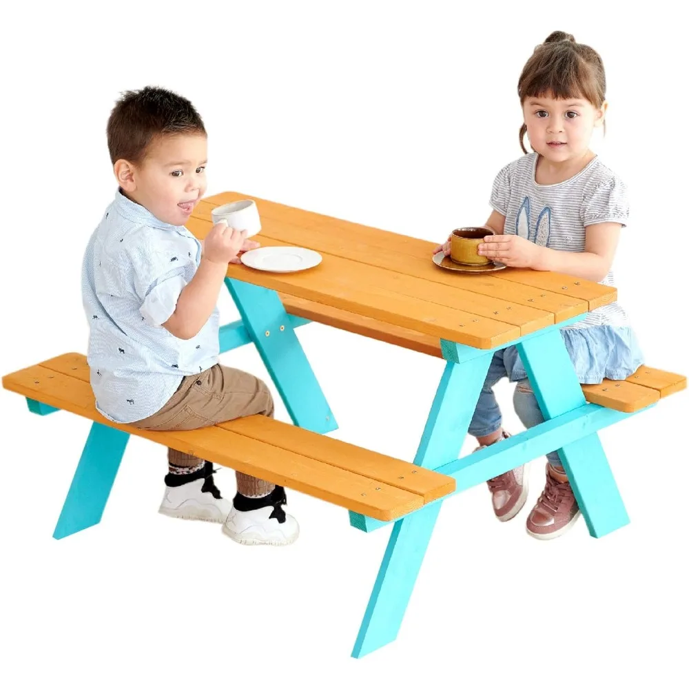 Kids Wooden Outdoor Picnic Table & Chair Bench Set with Built-in Seating, Durable & Easy Assembly