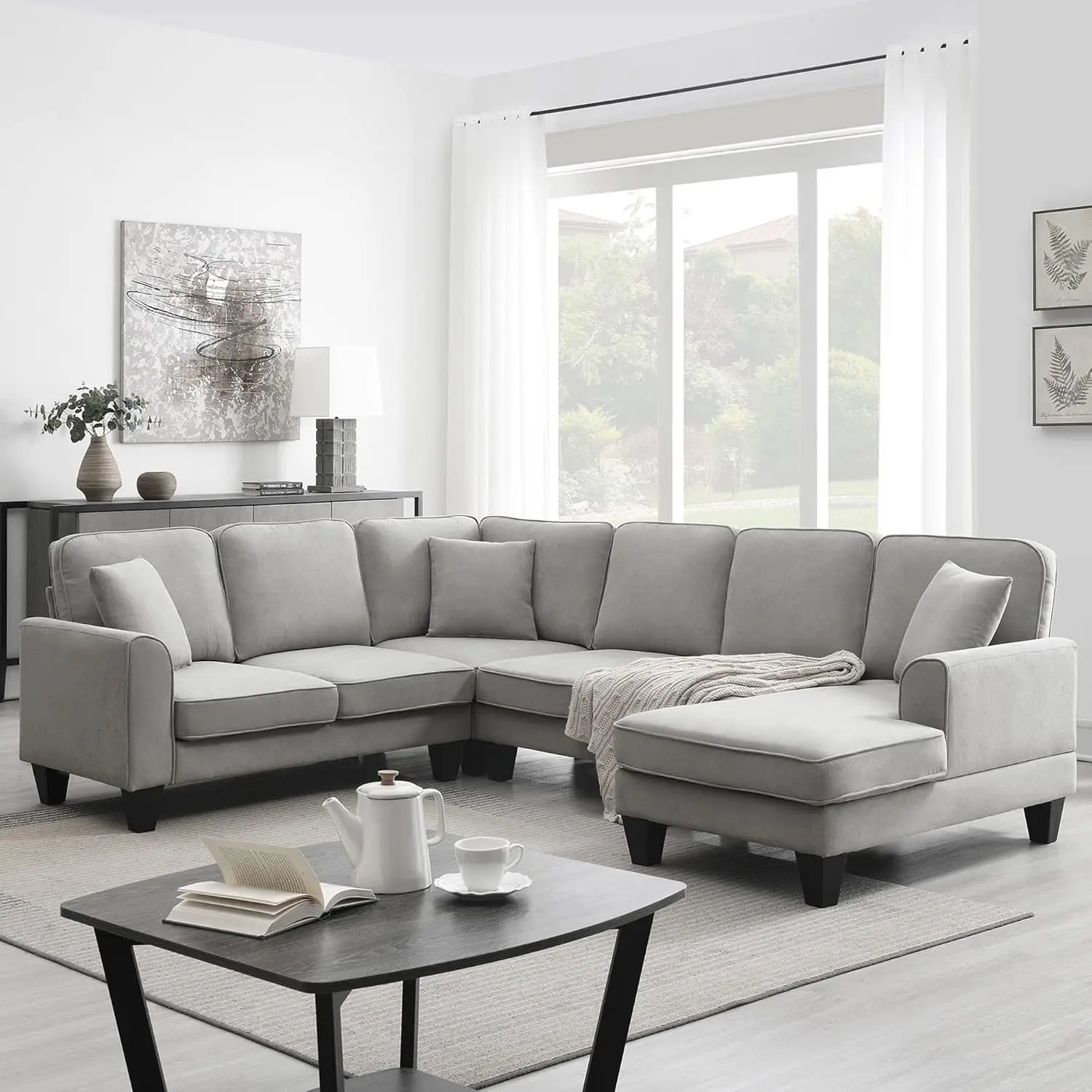 Merax Modern U Shape Sectional Sofa, 7 Seat Fabric Sectional Sofa Set, 3 Piece Sectional Sofa With 3 Pillows For Living Room