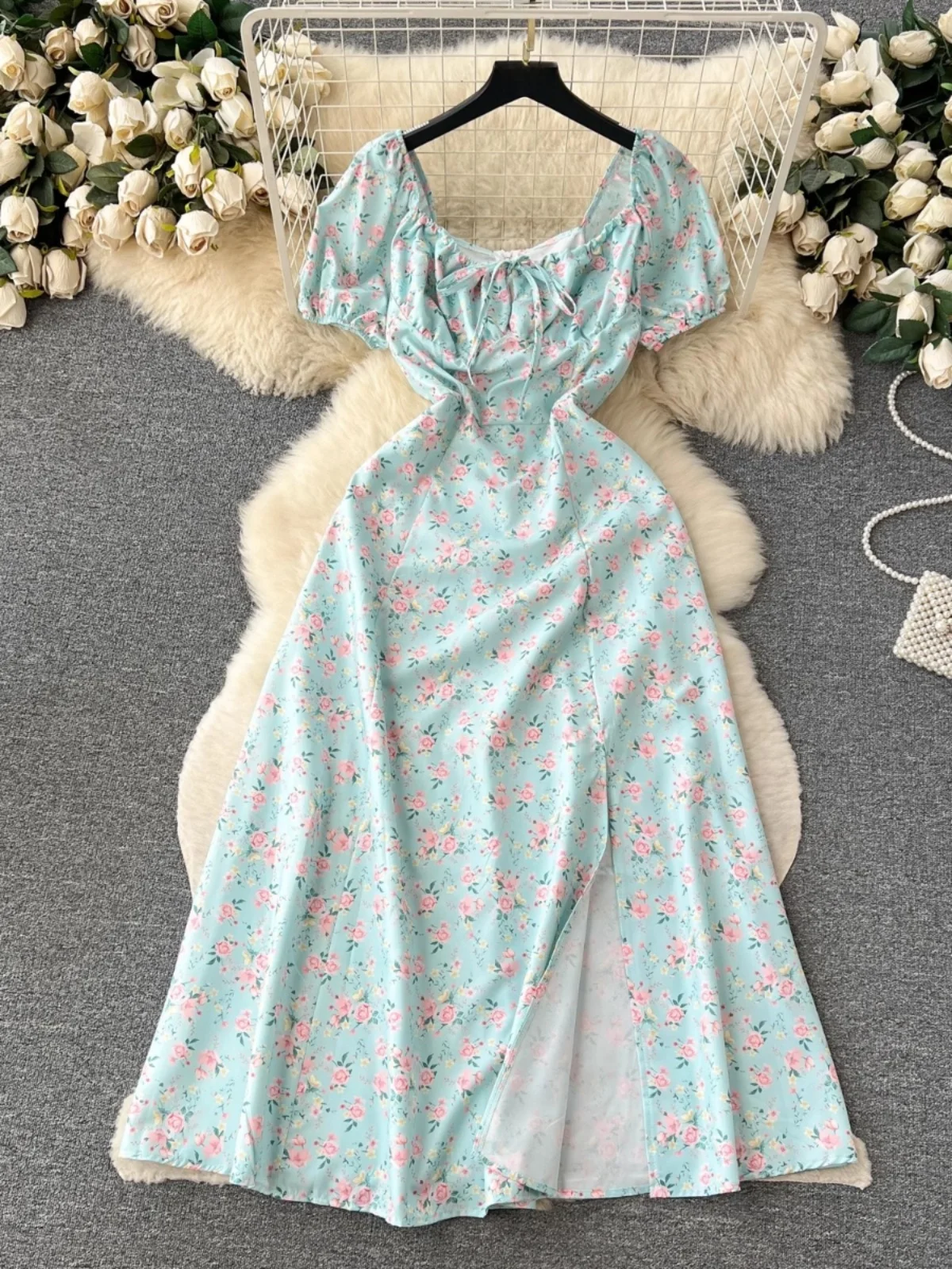 Vestido largo romántico con estampado Floral para mujer, falda acampanada con diseño de abertura y manga de burbuja, e...