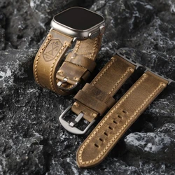 High-end Genuine Leather Strap For iWatch Apple Watch 49MM 45 46 Ultra2 S10 9 Italian Head Layer Cowhide Men Bracelet Titanium