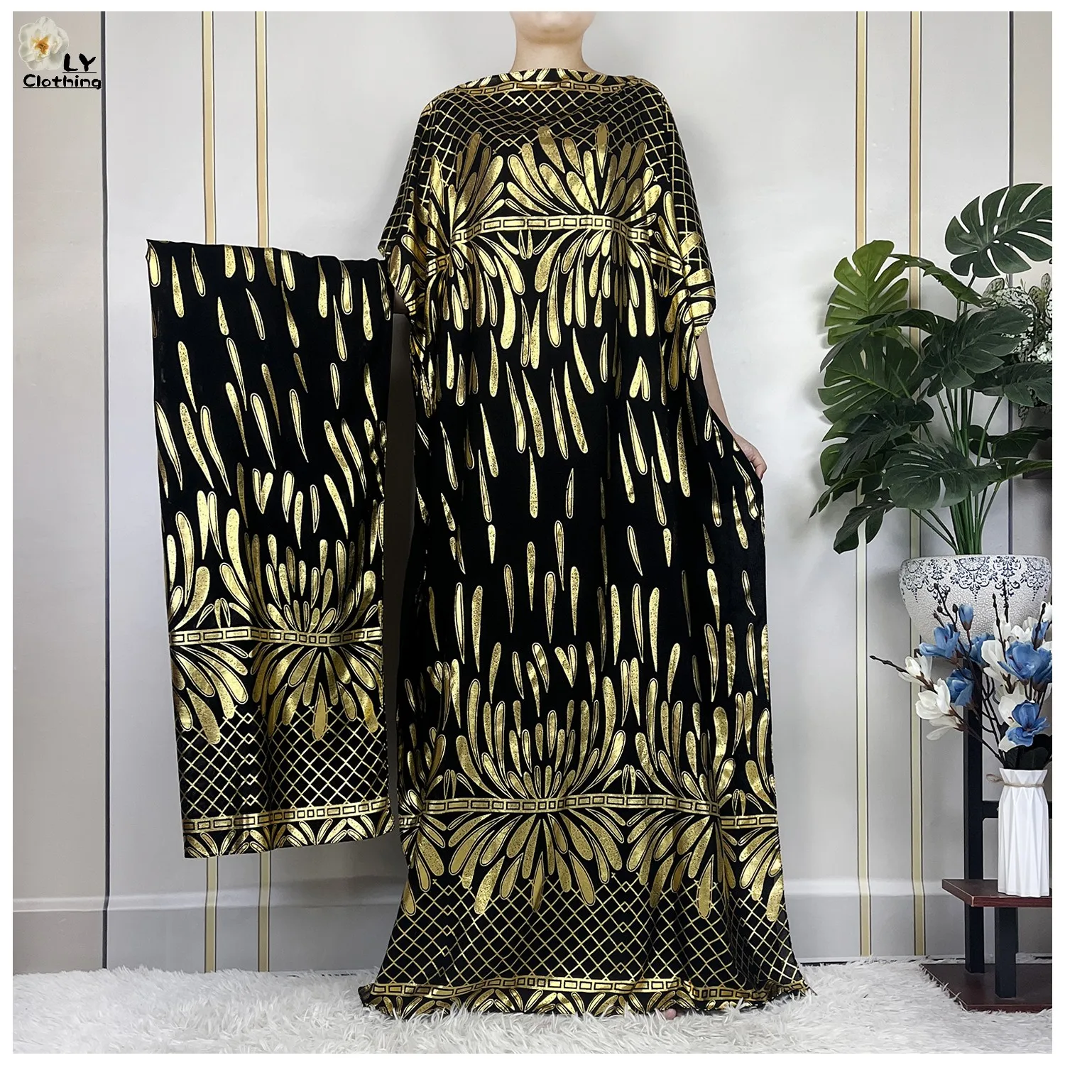 New Fashion Dress Short Sleeve With Big Scarf African Dashiki Printing Tie-dyed Cotton Boubou Maxi Islam Summer Women Loose Robe