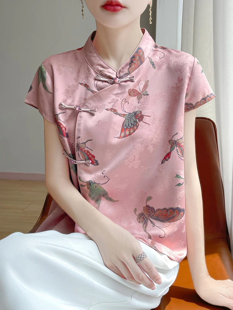 

New Chinese Style Women's Shirt Summer Short Sleeve Button up Head Small Top High Quality Elegant Atmosphere National Trend