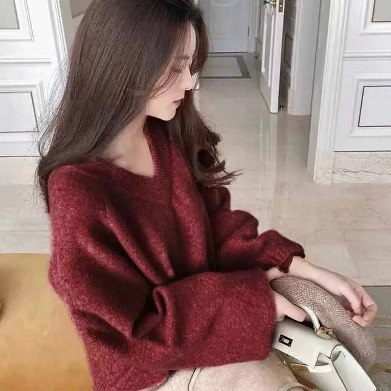 Maglioni con scollo a V di alta qualità per donna Maglioni lavorati a maglia caldi addensati comodi e morbidi Pullover ampio versatile solido