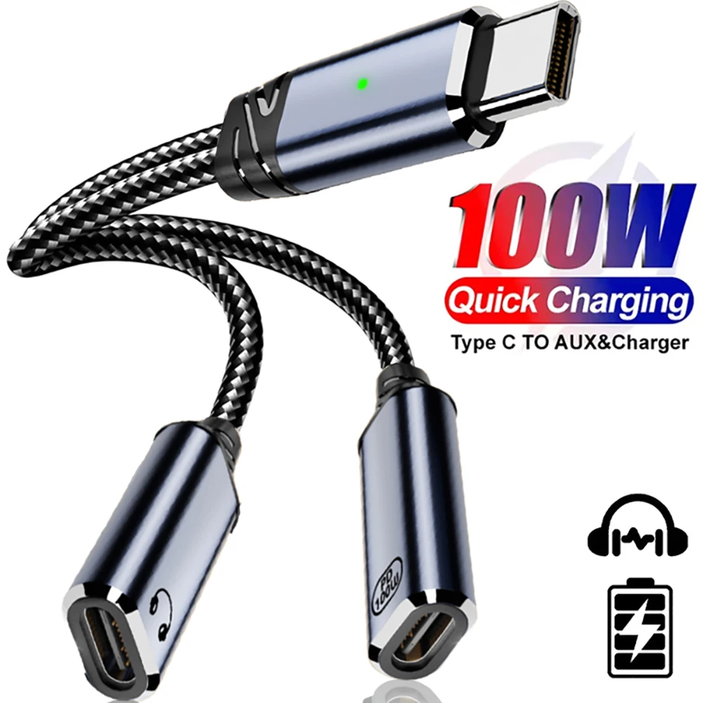 2 IN 1 USB C to Dual Type-C Splitter Headphone Jack Audio Adapter PD 100W Fast Charger Cable for Samsung iPhone 17 Huawei Xiaomi
