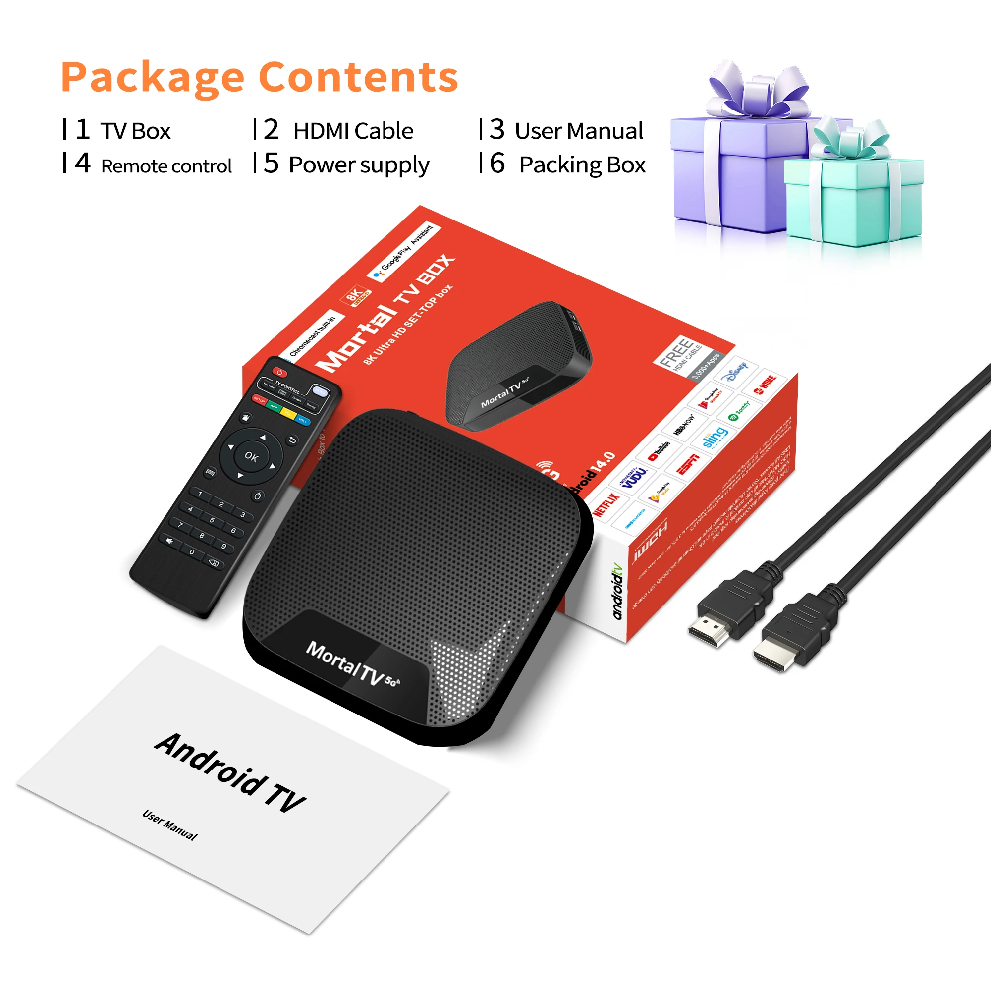 Android 14.0 Smart TV Box Mortal T4 Amlogic 905L Quad Core CPU Support 4K Dubal WIFI BT5.0 HDR10 8GB Google Youtube Media Player