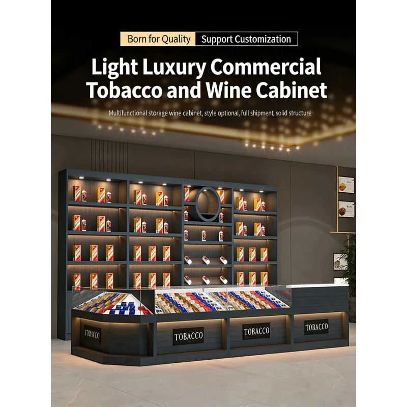 custom.Customized Solid Wood & Steel Display Stand Tobacconist's Luxury Red White LED Counter Adjustable Durable Floor Mount view 6