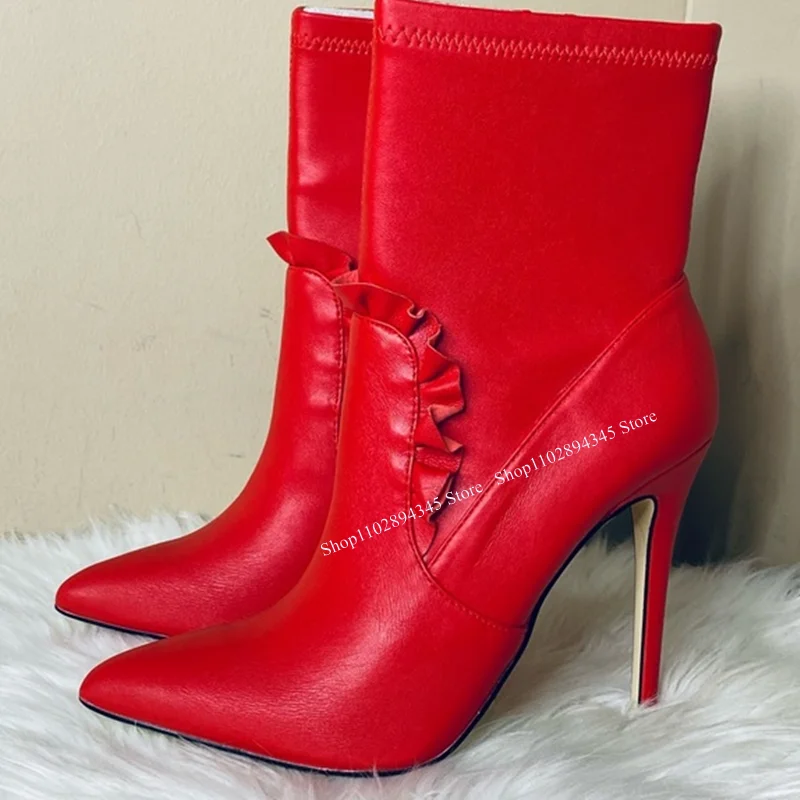 

Red Mid Calf Fold Boots Thin High Heel Pointed Toe Leather Cool Fashionable Sexy Winter 2024 Woman Shoes Zapatillas Mujer