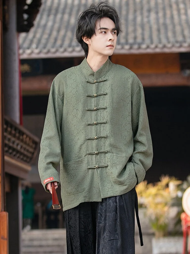 

Long Sleeve Men's Shirt Luxury Sensation Python Pattern Embroidery Button up Spring Autumn New Chinese Style Hanfu Tang Costume
