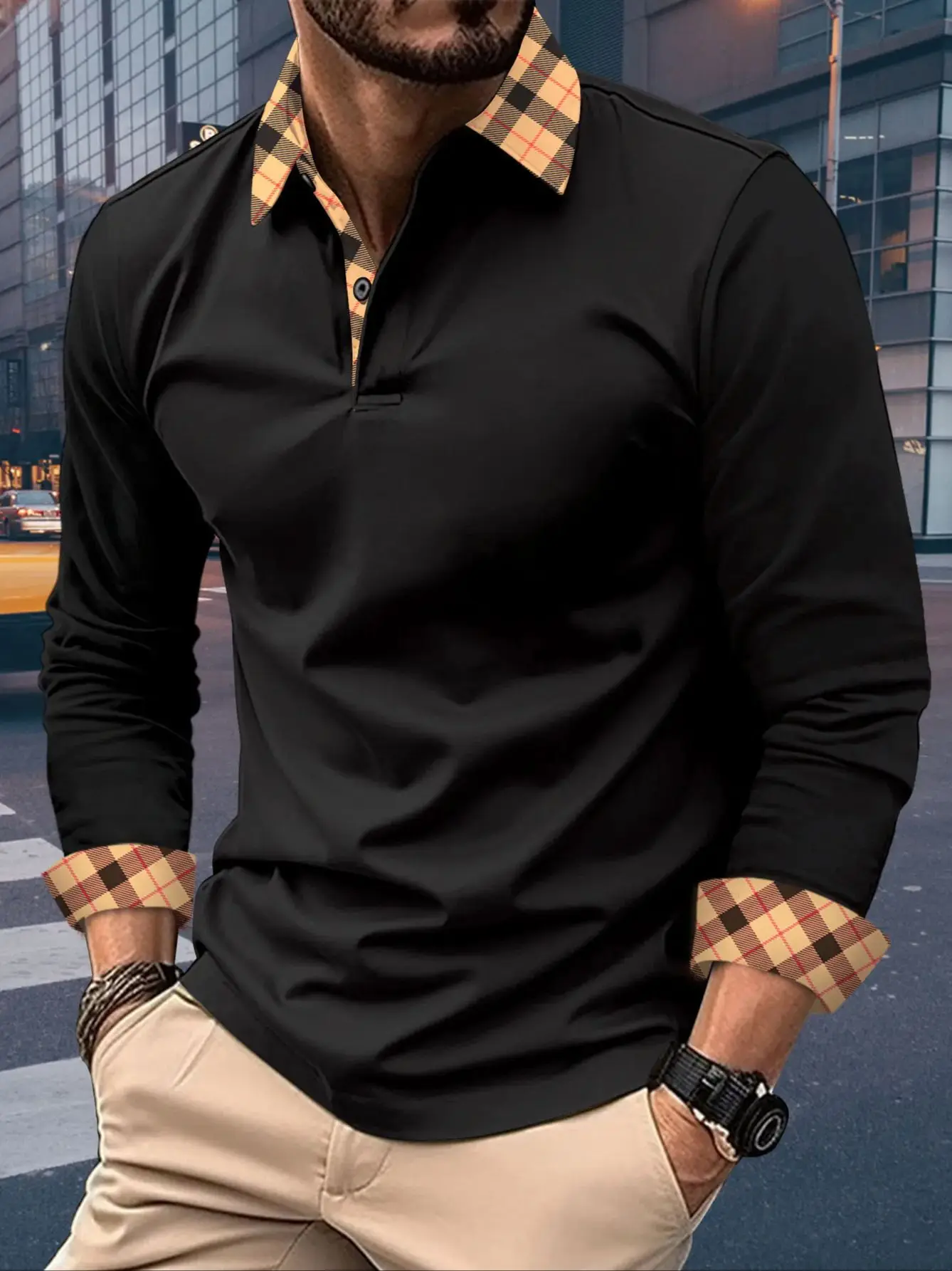 

Spring and Autumn New Men's Casual Business Long sleeved Polo Shirt Fashion Plaid Stripe Cuff Polo Shirt Breathable Polo Shirt