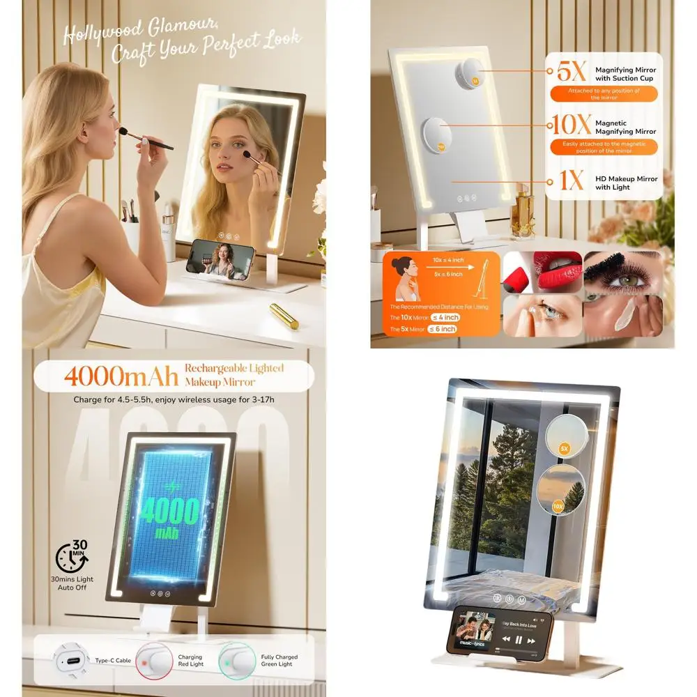 مرآة زينة LED قابلة لإعادة الشحن بقدرة 4000 مللي أمبير في الساعة مع تكبير 5X/10X، إضاءة بثلاثة ألوان، تحكم باللمس، حامل هاتف، 11x16.8 للسرير #1