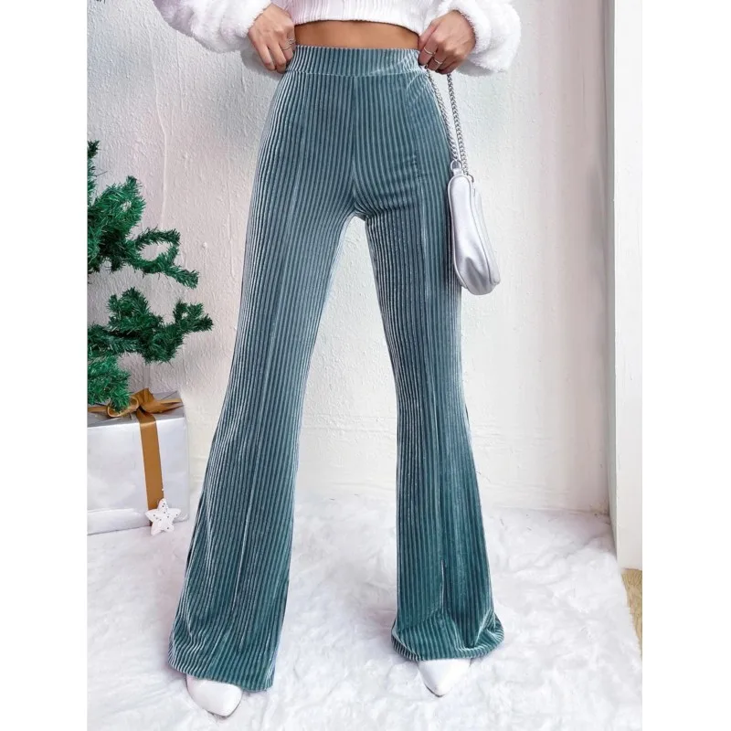 2024 Autumn High Waist Velvet Pants Women Wide Leg Velour Flare Pants Female Stretch Trousers Party Club Pants For Women