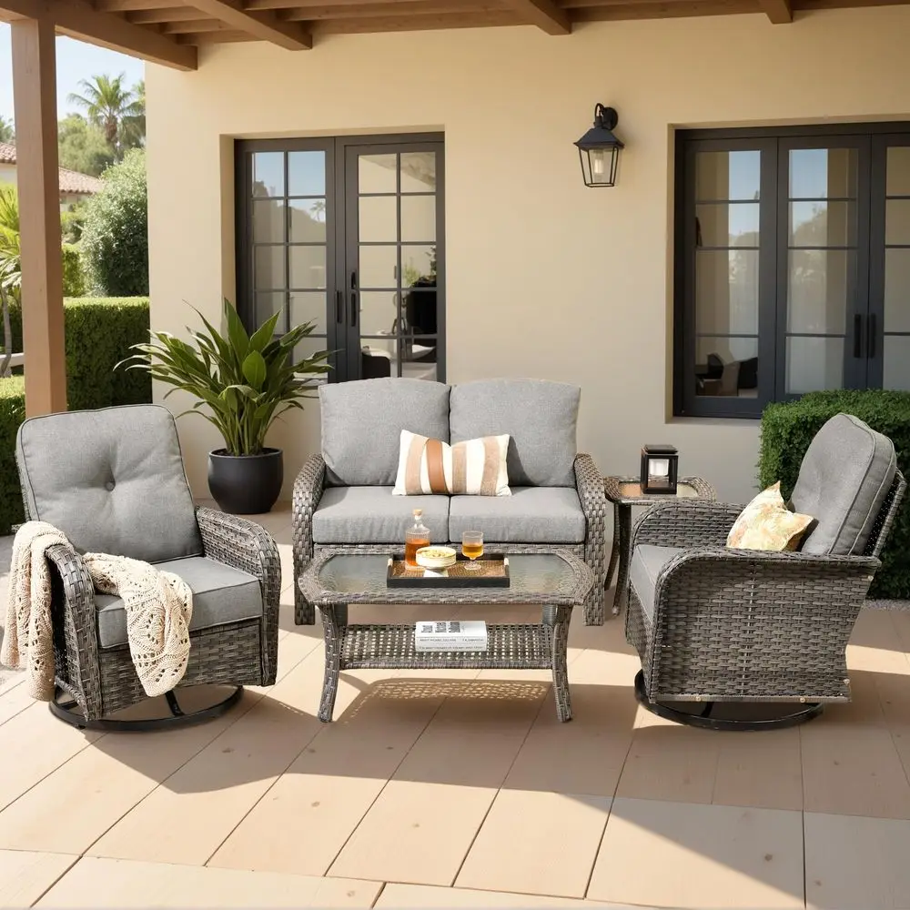 

Patio Furniture Set with Swivel Rocker Chairs Outdoor Loveseat Sofa and Rattan Coffee Table, 5 Pieces Outdoor Conversation Sets
