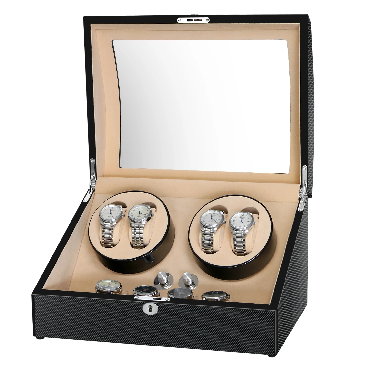 Watch Winder Storage Box 4 Automatic Watches + 6 Watch Display Cases Quiet Japanese Motors for Women's and Men's Watches