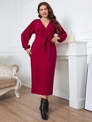 Plus Size Spring Elegant Wrap V Neck Women Dress Office Long Sleeve Solid Color Self Belt Tie Dresses 4XL Maxi Vestidos Robe