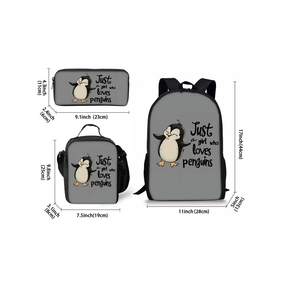 Penguin Print Three Piece Backpacks Set for Boy and Girls Best Gifts 3D Cartoon School Bag for Children