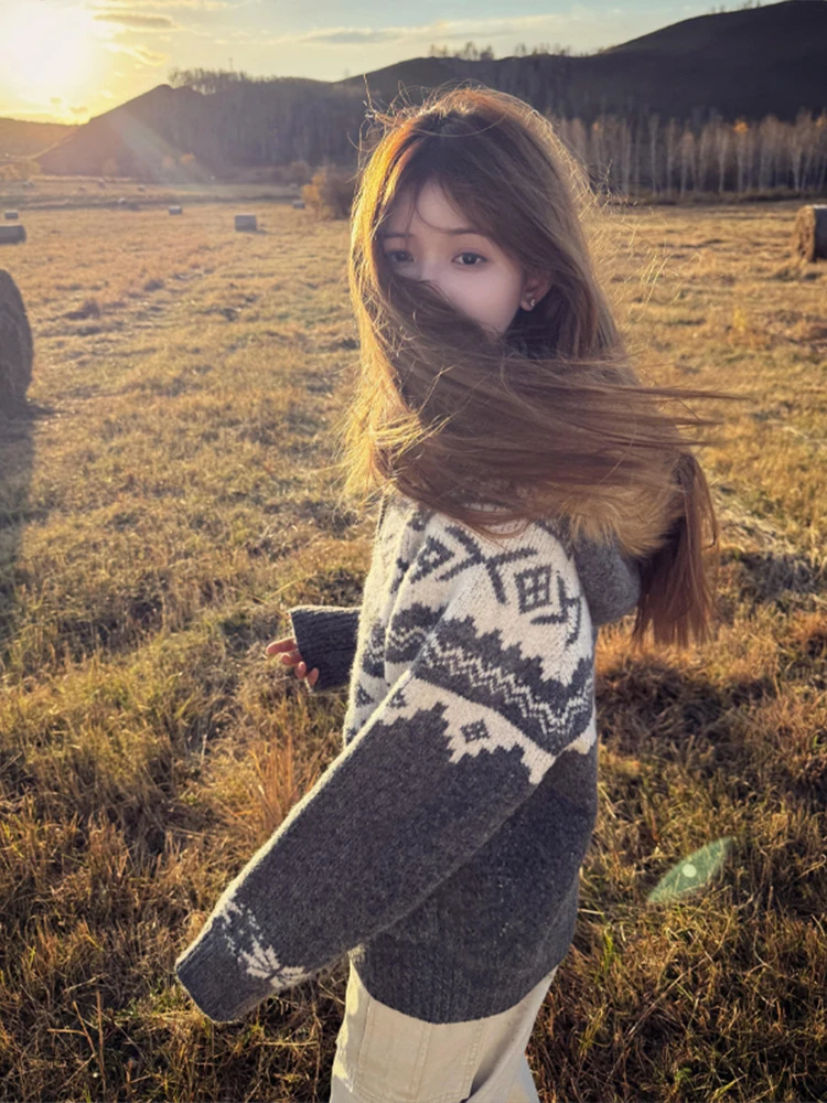 

Retro Fair Isle Knit Sweater ex Autumn Winter Large Fur Collar American Sle Couple Open Cardigan Coat Casual Loose Fit