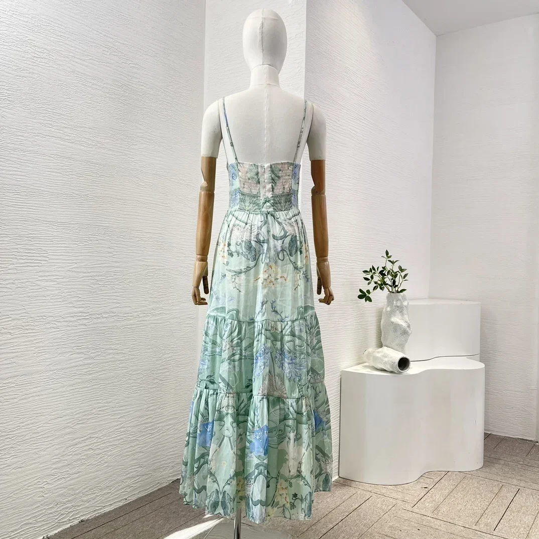 Vestido largo con estampado Floral verde menta para mujer, maxivestido con diamantes prensados sin mangas, corte de vientre, cierre de cremallera trasera Invisible, 2024