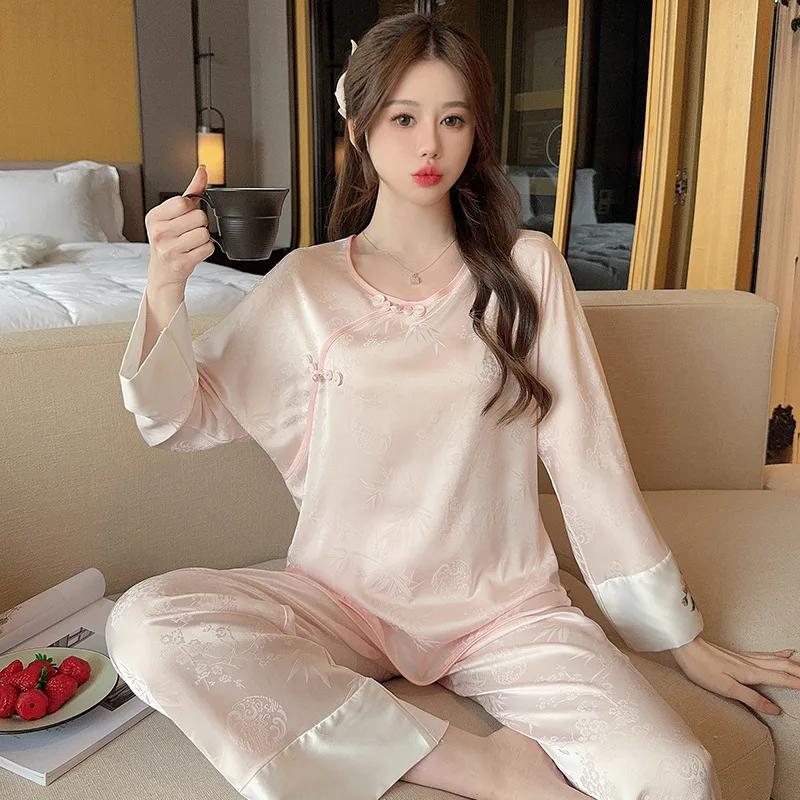 Lady Pajamas Set Summer Sleepwear Women Long Sleeve Pullover Trouser Sleep Suit Satin Homewear