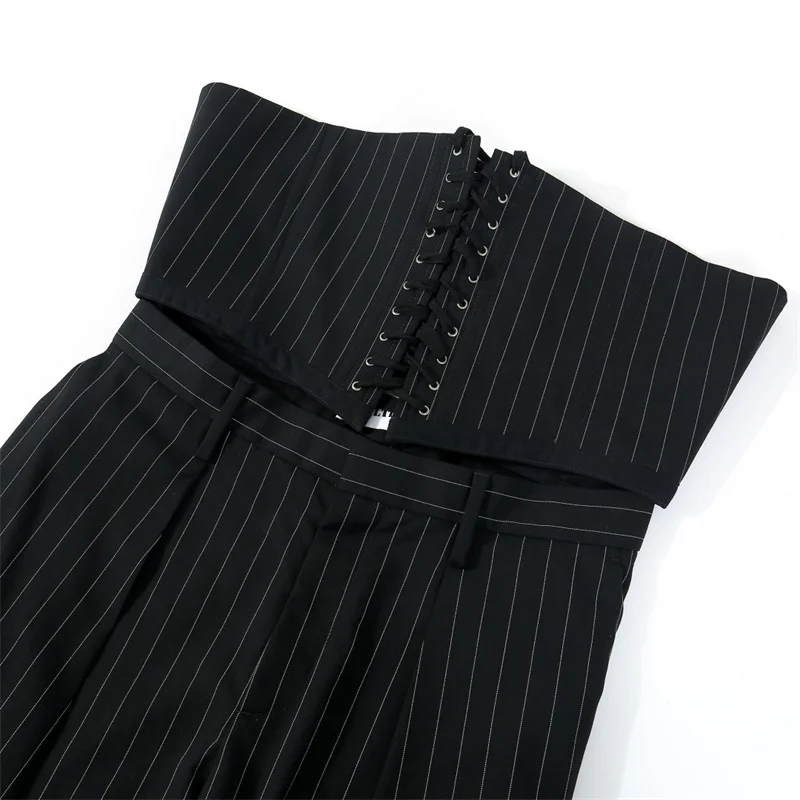 Pantalones de mujer nuevos pantalones de pierna recta de cintura alta para otoño 2025, pantalones de traje a rayas de mezcla de lana, pantalones ajustados con cordones de espina de pescado