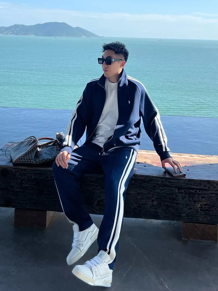 

Men's Casual Sportswear Set Lightweight Luxury Jaet with Stand Collar And Striped Waistcoat Long Straight Leg Pants