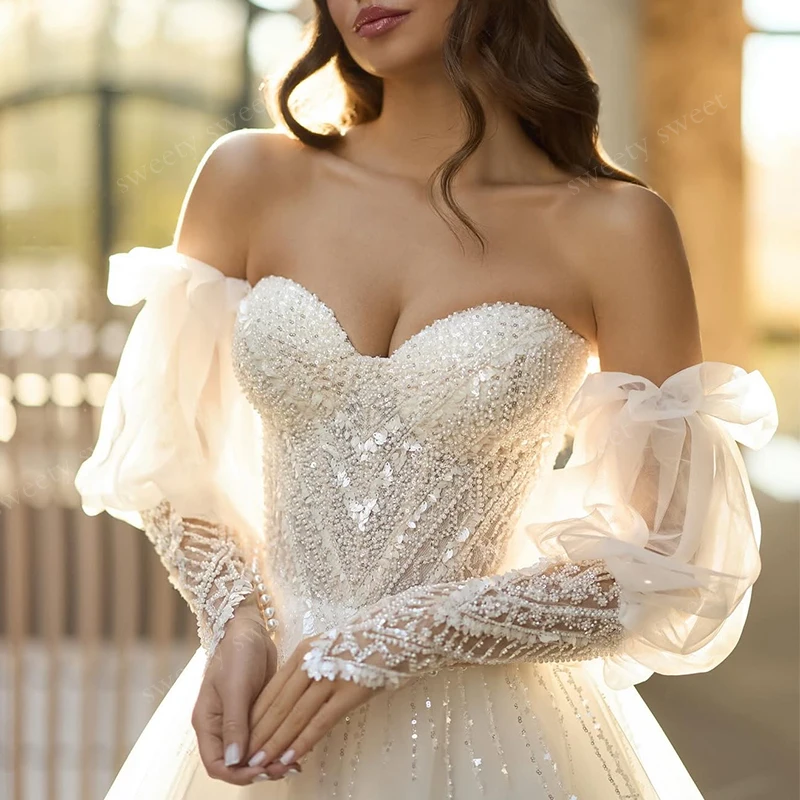 فستان زفاف أنيق من الأورجانزا مع ترتر مطرز على شكل حرف a بطول الأرض وأكمام منتفخة قابلة للفصل بدون حمالات حسب الطلب