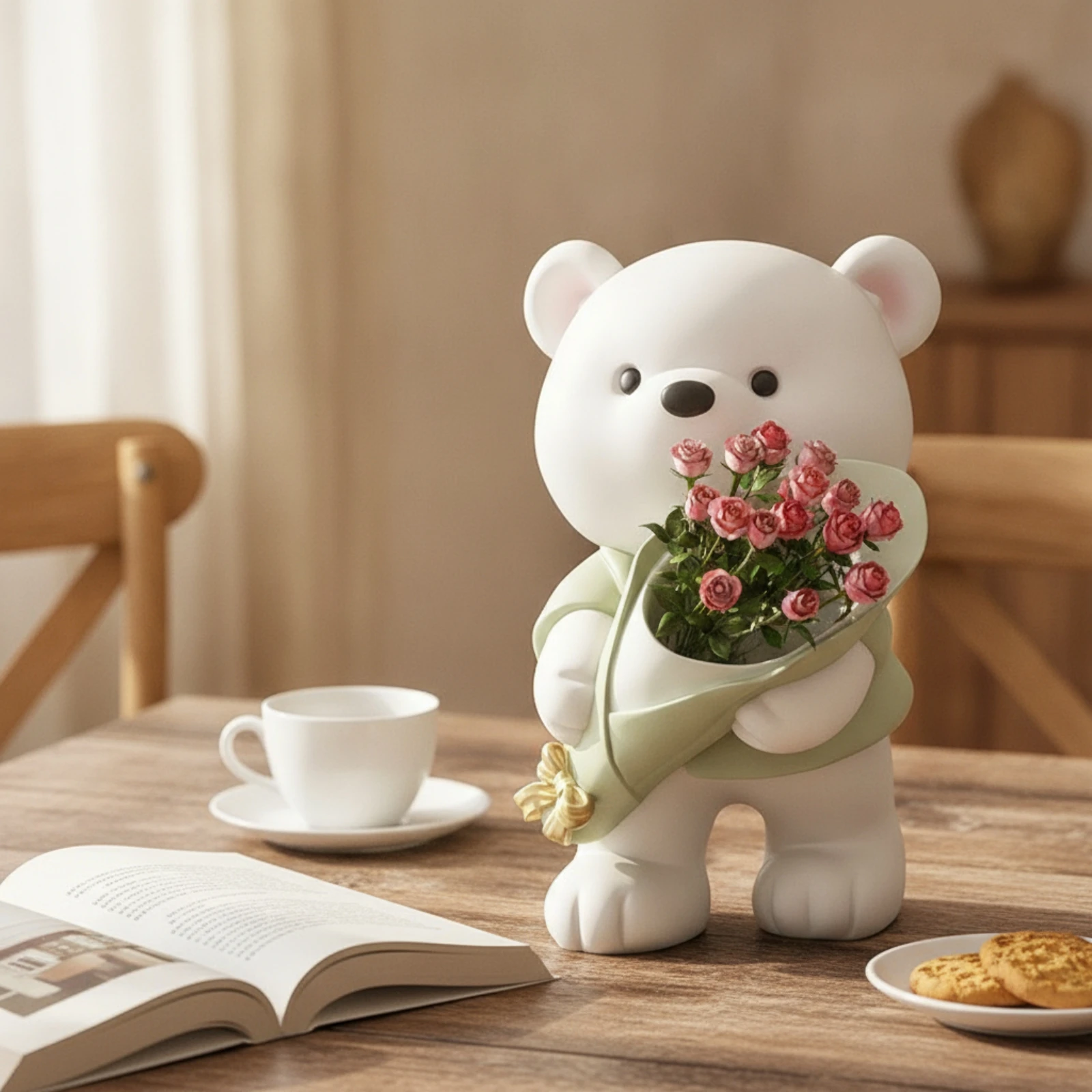 Bear Vase Versatile Bear Ornament Vase with Bow Modern Decor Contemporary for Living Room, Shelf