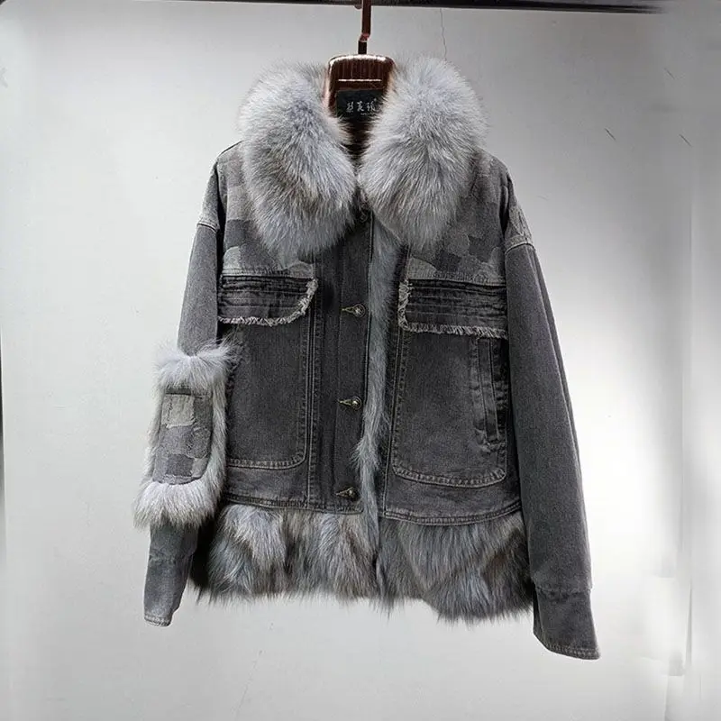 Denim Leather Fox Fur Jacket Winter Plush Fur Collar Women's Cotton Coat