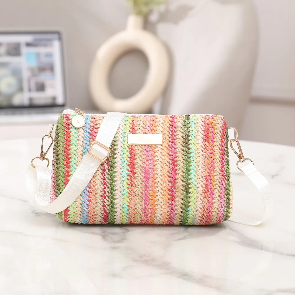 Stylish Colorful Rainbow Woven Bag Adjustable Strap Travel Organizer Girls Shoulder Bag Portable Messenger Bag Casual Outing