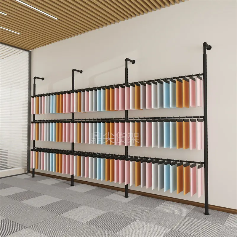 

Стойка-дисплей для образцов тканей с регулируемой высотой, настенная, для демонстрации образцов тканей и цветовых карт, с перекладиной для подвешивания.