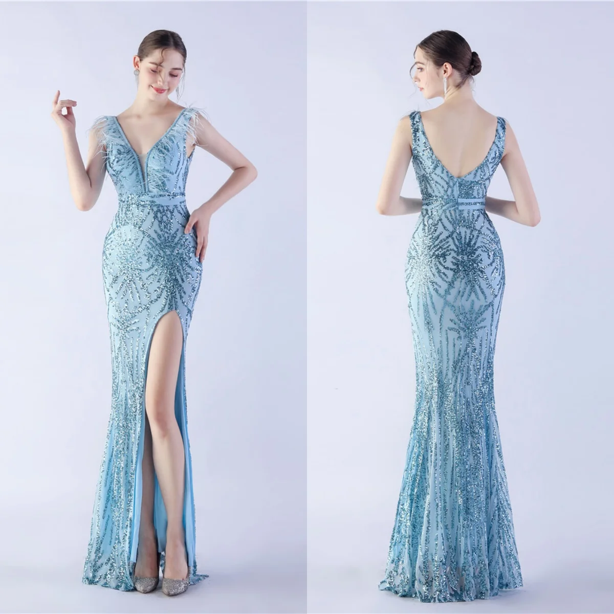 

Evening Dress Blue Sequins Stretchy V-neck Feather Zipper Back Mermaid Trumpet Slit Floor Length Women Party Formal Gowns YE180