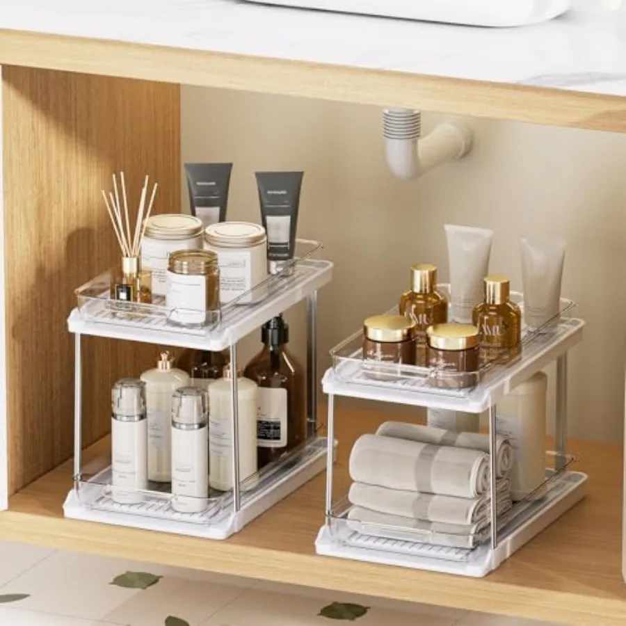 

2-Tier Bathroom Under Sink Organizers and Storage, Pull Out Cabinet Drawers with Anti-Slip Design, Multi-Purpose Storage for Ki