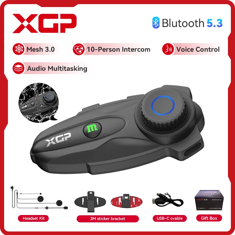 XGP X10 2Pcs Motorcycle Intercom for 10 Riders Mesh 3.0 1000mAh Audio Multitasking Voice Control Motorcycle Helmet Accessories